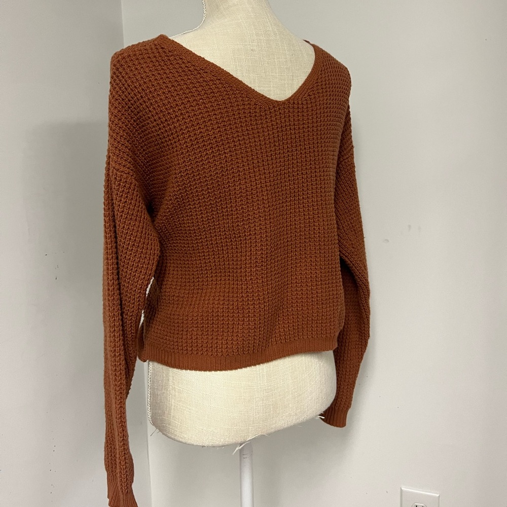 Moon & Madison || Burnt Orange Twist Front Drop Shoulder Sweater - Picture 5 of 5